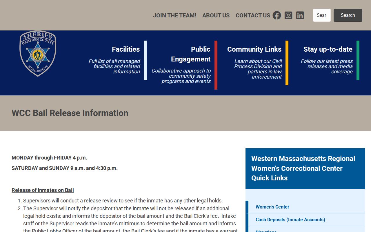 Western Massachusetts Regional Women's Correctional Center Hampshire release information