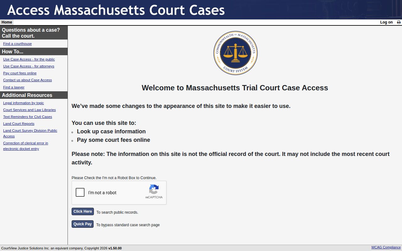 MassCourts search for Hampshire County release and court records