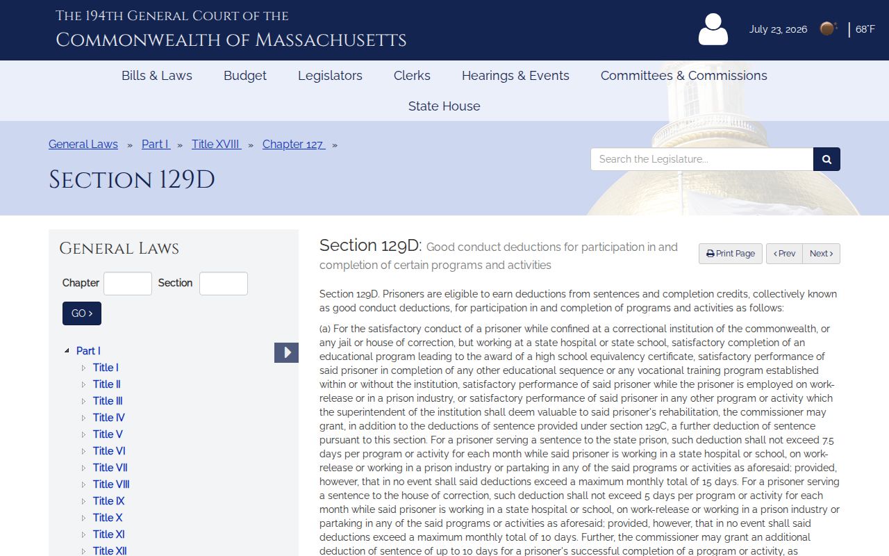 Massachusetts earned-time statute for a Hampshire County inmate release date