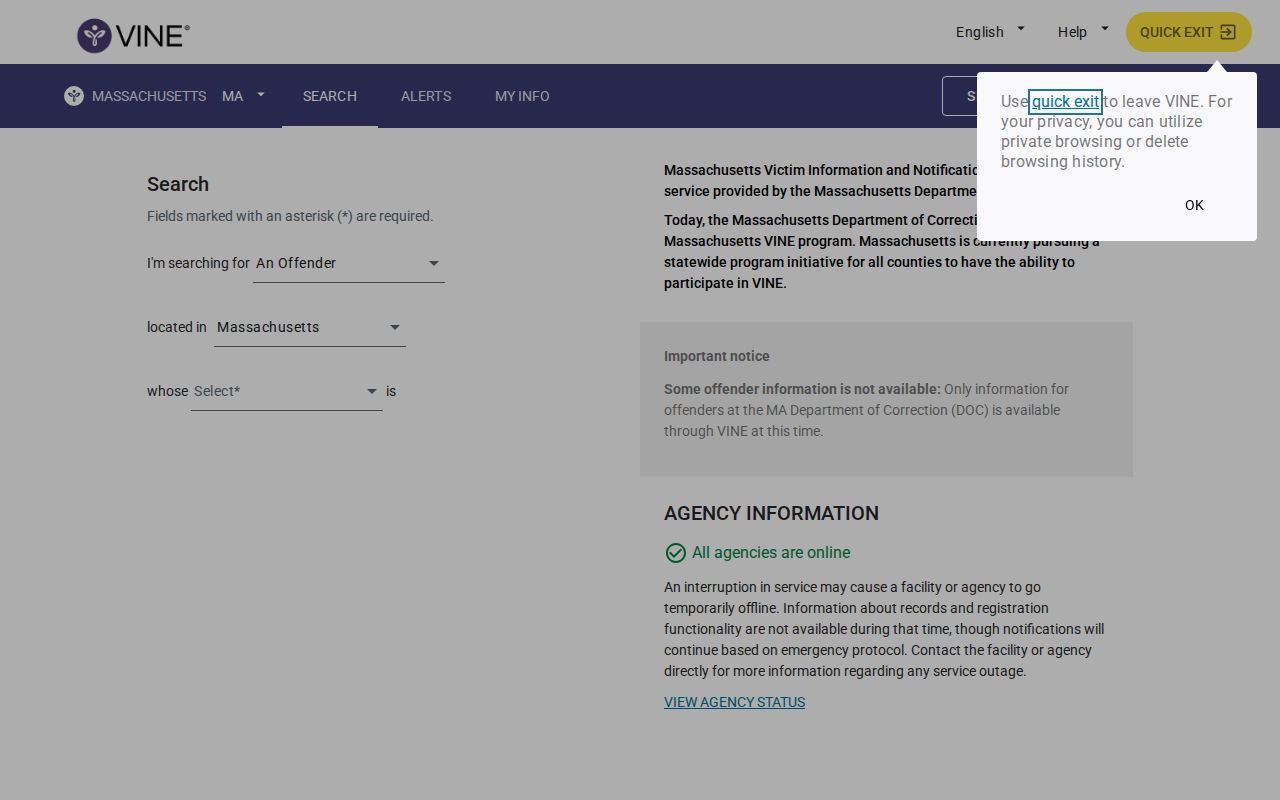 Hampshire County VINELink release check on the Massachusetts person search